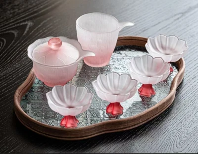 Juego de té de vidrio de 7 piezas, té de vidrio de cristal rosa, juego de té de vidrio resistente al calor Foto 1 de 4