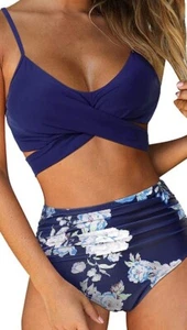 Women Criss Cross High Waisted String Floral Printed 2 Piece Bathing Sz XL Blue - Picture 1 of 8