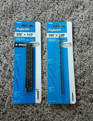 Brocas para hormigón Buildex Tapcon punta de carburo 5/32 x 4 1/2 y 5/32 x 5-1/2 NUEVAS Foto 1 de 4