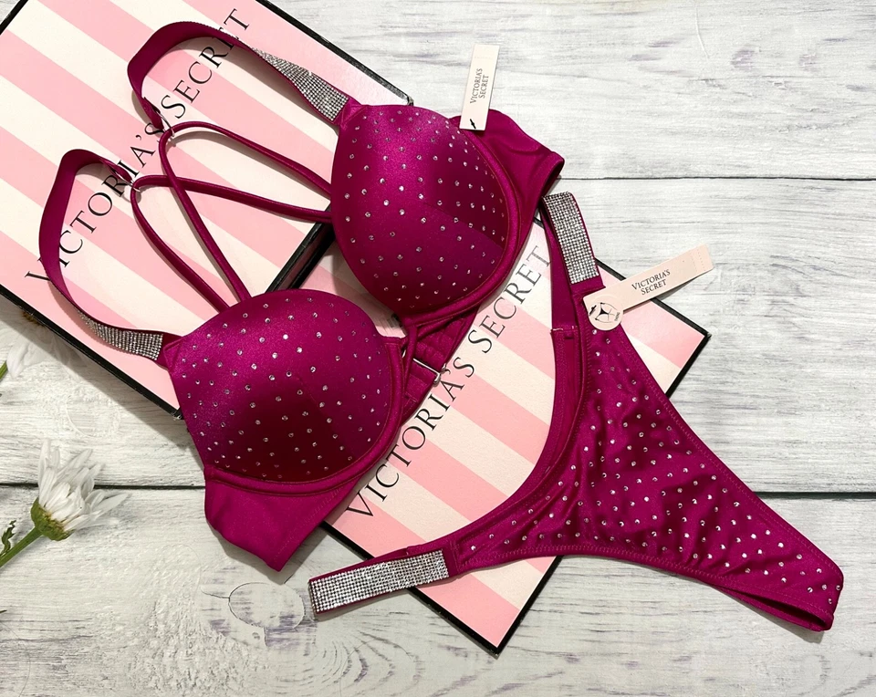 Victoria's Secret Shine Strap Bomba de Natación + 2 Tazas Set Push-up Tanga Rosa Foto 1 de 4