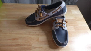 Blue Sperry Boat Shoes Women Denim Songfish Stripe Navy 8.5M Auth Leather NEW - Picture 1 of 11