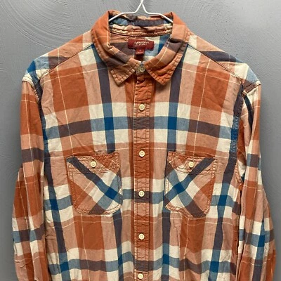 Camisa Arizona Jeans Naranja Azul A Cuadros Abotonada 2 Bolsillos Talla Mediana Para Hombre Foto 1 de 4