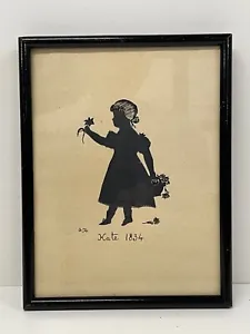Antique Miniature Picture Painting Silhouette Girl  Kate 1834 signed GR - Picture 1 of 3