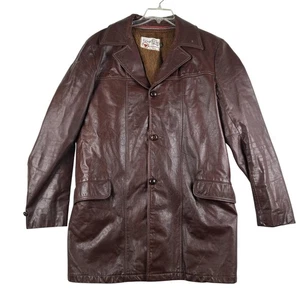 Vintage Sears Leather Shop Jacket Mens 42 X Tall Brown Car Coat Faux Fur 80s - Picture 1 of 17