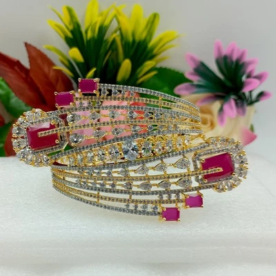 Elegant Ruby & CZ Gold-Plated Bangle Bracelet –Bridal Jewelry, Party Wear Bangle - Image 1 of 4