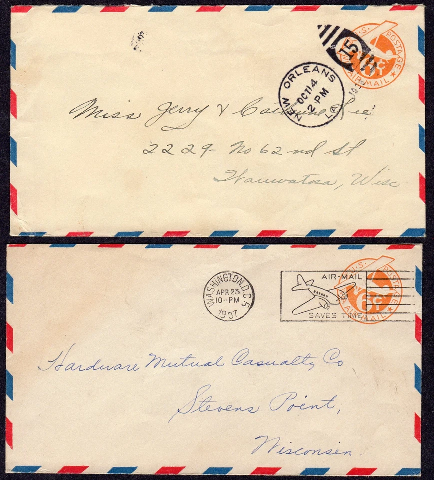TWO  6c Biplane Bordered Embossed Envelopes Airmail (Scott UC3) TC882 - Image 1 of 1