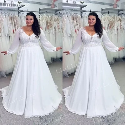 Chiffon Plus Size Wedding Dresses Long Sleeves V Neck Sweep Train Bridal Gowns - Image 1 of 4