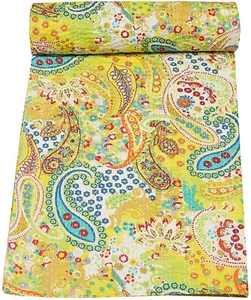 Paisley Print Handwoven Cotton Kantha Quilt , Village Gudri , Bedspread, Blanket - Picture 1 of 51