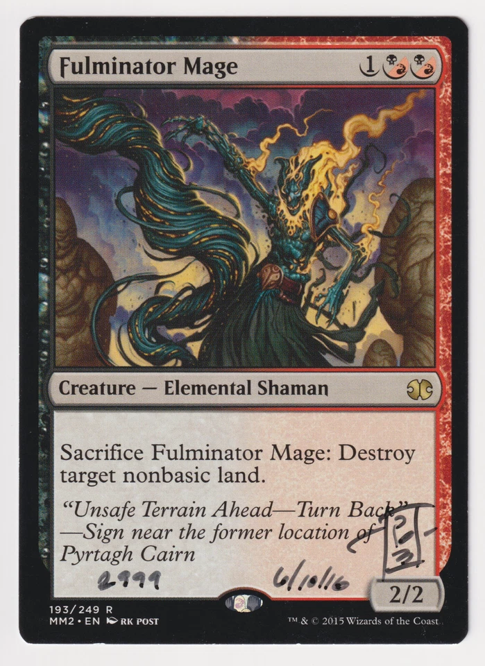 Signed Dated Numbered 2999 Fulminator Mage MP MM2 Artist rk post 2015 MTG Magic! - Image 1 of 2
