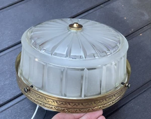 Antique Vtg 8" Art Deco Flush Mount Ceiling Light 1920s 1940s 1950s Glass, Brass - Picture 1 of 23