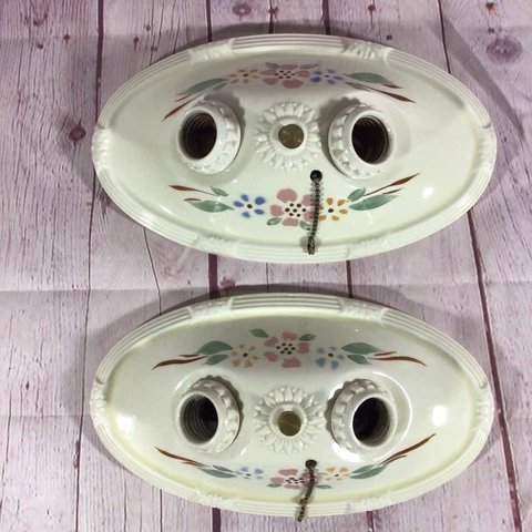Vintage Pair of Porcelain Ceramic Double Socket Floral Pattern Light Fixtures Cover