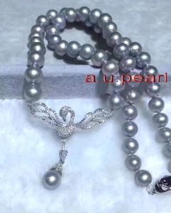 Lucky bird AAAAA 18"9-10MM real south sea silver gray pearl necklace pendant - Picture 1 of 7