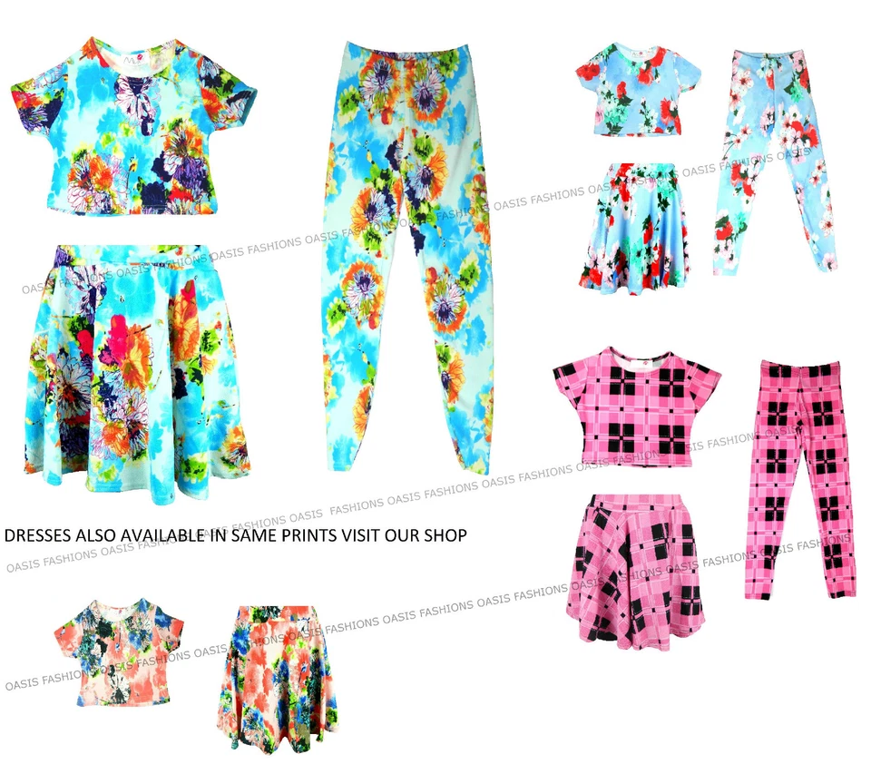 Girls Floral Print Crop Top/Leggings/Skater Skirts Ages 7 -13 - Image 1 of 1