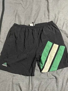 Vintage Adidas Swim Trunks XL Black Gree 3-Stripe Logo Shorts Built-In Liner - Picture 1 of 3