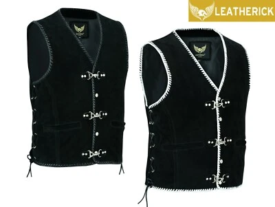 Mens Motorcycle Biker Black Suede Leather Vest Waistcoat Spanish Braid & Clasps - image 1 of 4