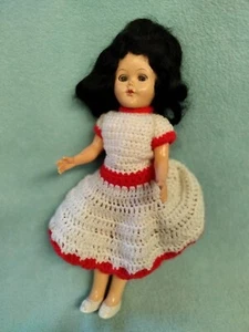 💙 Vintage 10"🍃🌷Hard Plastic Doll Red & White Crocheted Dress🌷🍃 (lil tlc) - Picture 1 of 12