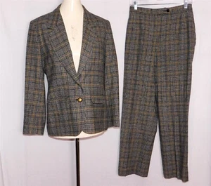 Vtg 2 Pcs PENDLETON Women's Brown White Plaid Wool Blazer Pants Suit Set Sz 12 - Picture 1 of 14