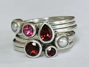 SUNDANCE CATALOG JANICE GIRARDI STERLING SILVER GARNET PEARL STACK RINGS SIZE 9 - Picture 1 of 19
