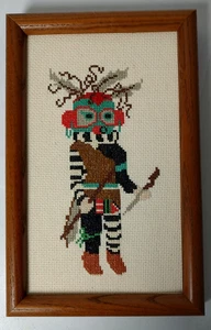 Kachina Native American Navajo Wood Framed 7" x 11" Cross Stitch Vintage - Picture 1 of 6