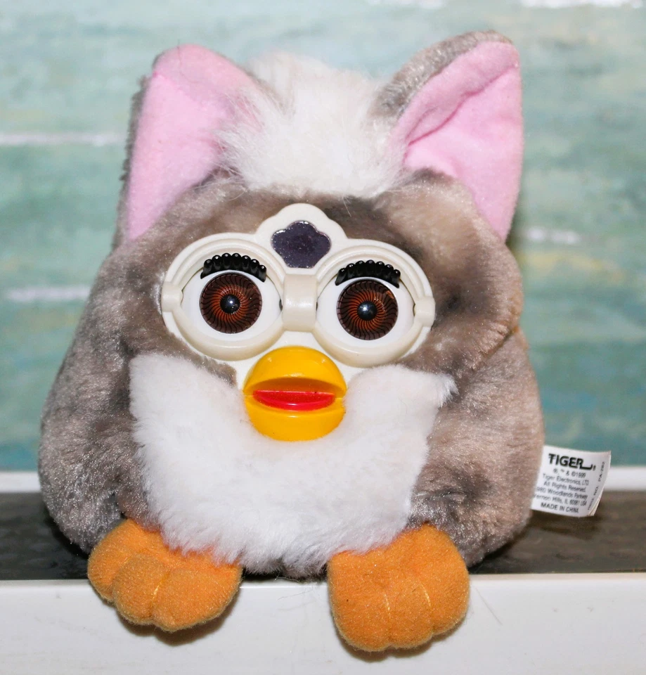 Esmoquin gris vintage '99 Furby Beanie Buddy wh/Bib, ojos marrones Tiger Electronics Foto 1 de 1