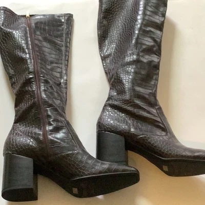 Franco Sarto Croc-Embossed Heeled Boots in Rich Brown - 12M - Image 1 of 4