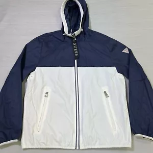 Guess Mens Large Colorblock Hooded Windbreaker Rain Jacket 112AN616 Blue / White - Picture 1 of 13