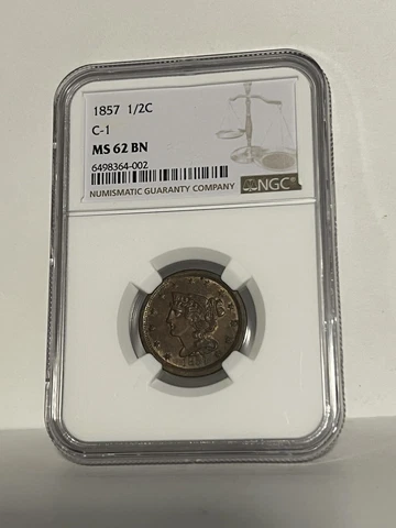 NGC MS-62 BN 1857 Braided Hair Half Cent, Richly Hued, Lustrous, Tough Date! Cover