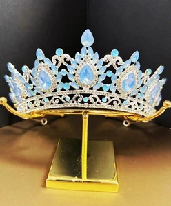 Silver Crown, Cream Blue Tiara, Princess Tiara, Wedding Headband, Bridal Tiara - Picture 1 of 7