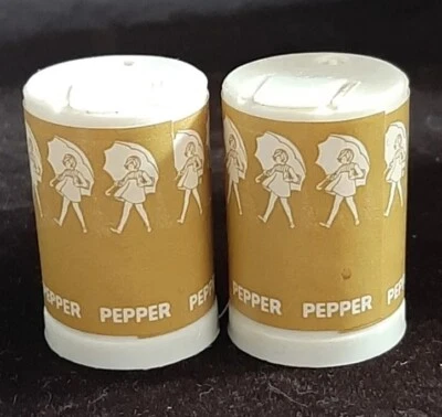 Vintage Morton Pepper 2 Mini Shakers 1.25" Umbrella Girl advertisement MINIATURE - Image 1 of 4