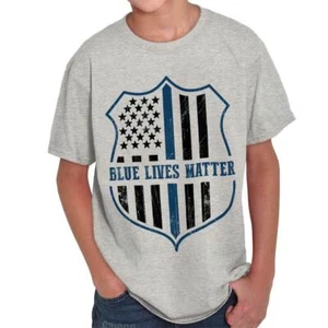 Blue Lives Matter Police Badge Flag Gift Youth Crewneck T Shirts Boy or Girl - Picture 1 of 6