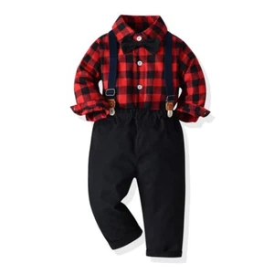 Children Dinner Set Plaid Shirt and Suspenders Unisex Bowtie Suit Party Outfit - Picture 1 of 1