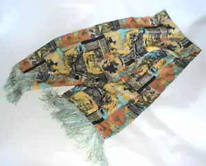 100% Silk Double Sided Scarf antique print Fringe Scarf 60 x 11" NWOT - Picture 1 of 2