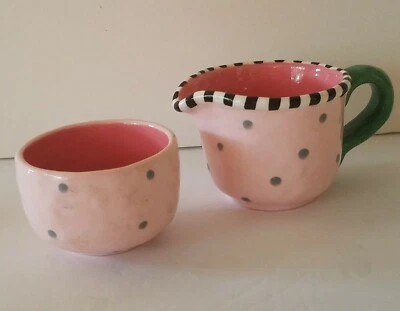 Judie Bomberger Caprichosa Crema Azúcar Cuenco Rosa Hecho a Mano Lunares Coloridos Foto 1 de 4