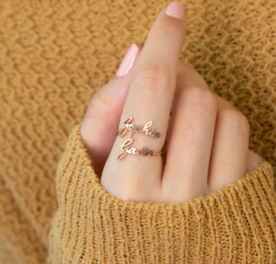 Custom Double Name Love Ring Partner Gift Women Stainless Steel Letters Handmade - Image 1 of 4