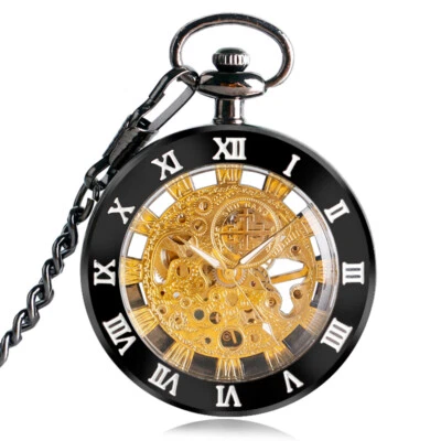 Reloj de Bolsillo Mecánico Vintage Negro Cara Abierta Números Romanos FOB Cadena Cuerda Foto 1 de 4