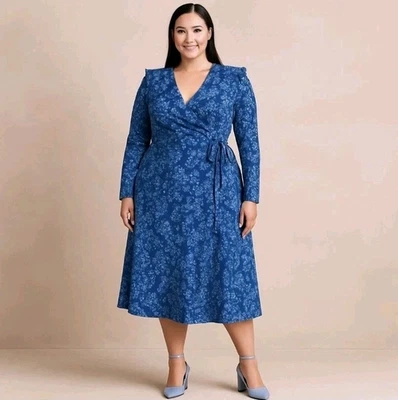 Draper James RSVP платье женщин плюс размер XXL синий цветочный надежном Midi длинным рукавом - Изображение 1 из 4