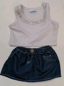 Build A Bear Workshop Sleeveless Top White Knit Embellished Neck & Denim Skirt - Picture 1 of 6
