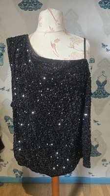 beautiful black velvet sequin one shoulder assymetric party toop, Boohoo 28 - Image 1 of 3