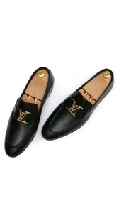 Men Genuine Shoes Leather Handmade Black Slip on Loafer Formal Dress Office shoe - Picture 1 of 4