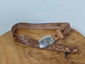 JUSTIN BOYS YOUTH TOOLED LEATHER BELT SZ 20 - 22" Western Cowboy BUCKLE - Picture 1 of 9