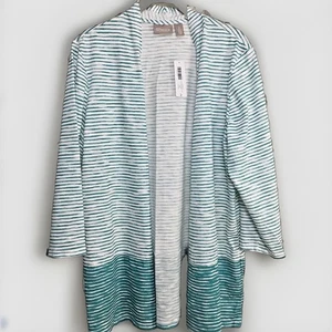 Chico's Cardigan Women 2/L Green Striped Open Front Cotton Long Lightweight Boho - Picture 1 of 12