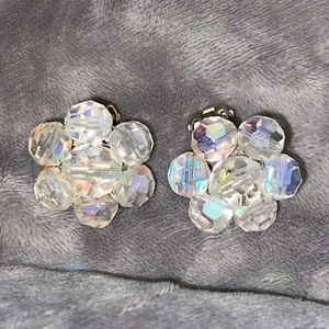 AB Crystal Cluster Beaded Circle Clip On Earrings Costume Jewelry Vtg 50s 60s - Picture 1 of 6