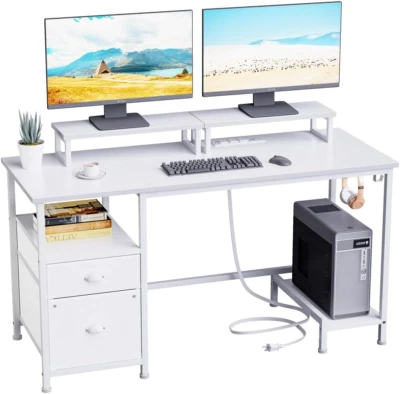 White Computer Desk with Drawer and Power Outlets, 47" Office Desk with 2 Monito - Изображение 1 из 4