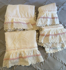 2 Pair Sears Priscilla Ruffled Eyelet Curtains White Pink Trim Country Cottage - Picture 1 of 23