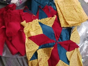 Antique Quilt Block Pieces & Scraps Red, Yellow With Pattern-Green Star PatternX - Picture 1 of 7