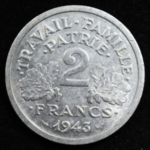 France 2 Francs 1943, Coin, Km# 904.2, Grain Sprigs, Double Bit Axe, Inv#D814