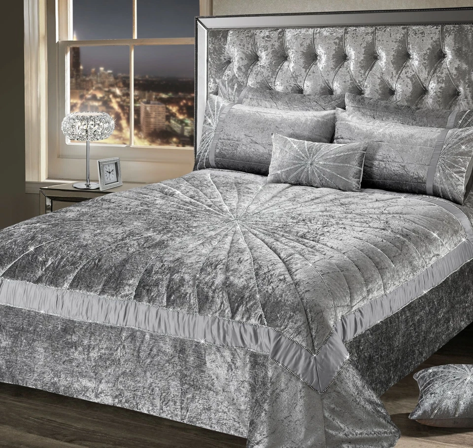 Luxury Crushed Velvet Bedspread Comforter Throw Over Star Diamante Bedding Sham