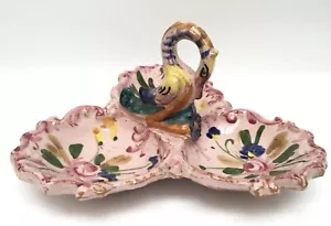 Italian Majolica Pottery Swan Floral Condiment Tray Dish W/ Handle - Picture 1 of 3