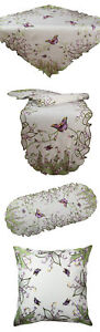Zauberhafte Schmetterlinge und lila Blumen Stickerei Tischläufer Tischdecke Weiß