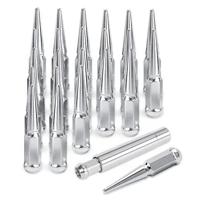 24 PCS Chrome Spike Lug Nuts M14x1.5 For Chevy Silverado Tahoe 4.4" Tall w/ Key - Image 1 of 4